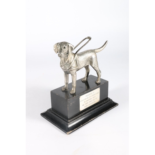 108 - Silver-plated dog model award, on ebonised plinth base, 'Presented to Stockton-on-Tees Round Table i... 