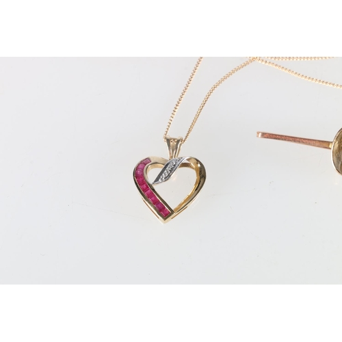 153 - 9ct yellow gold necklace with 9ct pink stone and small diamonds set heart shaped pendant, 2.8g and a... 