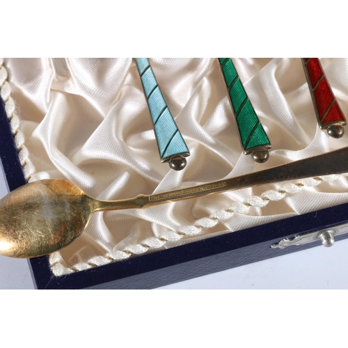 161 - Cased set of six Danish sterling silver enamelled spoons, Egon Laurisden, 48g.