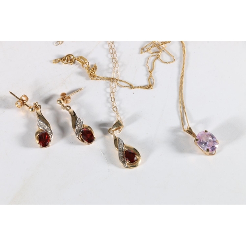 167 - 9ct gold garnet set suite of jewellery comprising necklace and matching earrings, 3.1g and a 9ct gol... 