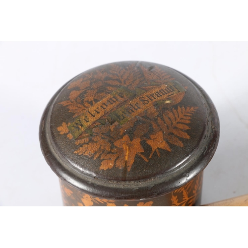 195 - Mauchlineware treen needle holder case, a fern pattern circular box and cover, an antique snuff mull... 