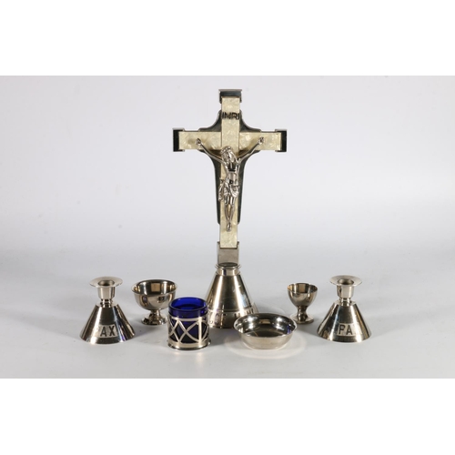 198 - West German white metal monstrance set with crucifix drinking cups etc. held within polystyrene case... 