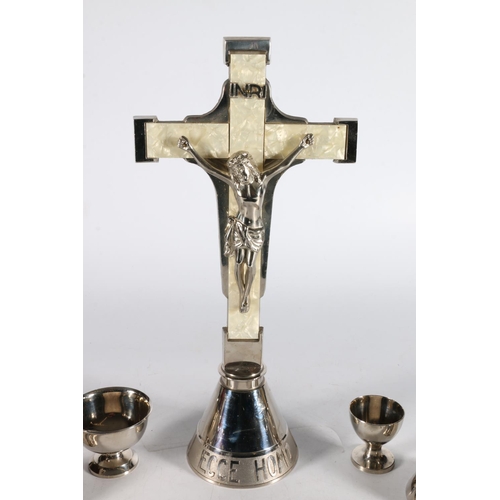 198 - West German white metal monstrance set with crucifix drinking cups etc. held within polystyrene case... 