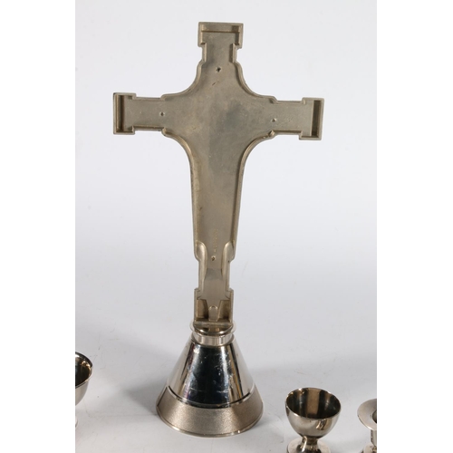 198 - West German white metal monstrance set with crucifix drinking cups etc. held within polystyrene case... 