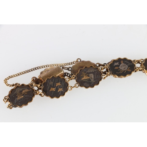 234 - Japanese damascene gold and silver inlaid/onlaid on iron bracelet in the manner of Komai, each link ... 