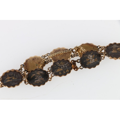 234 - Japanese damascene gold and silver inlaid/onlaid on iron bracelet in the manner of Komai, each link ... 