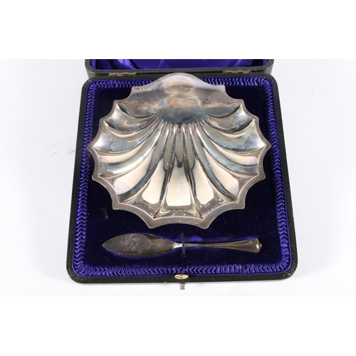 249 - Edward VII silver butter dish of scallop shell form with matching butter knife by Atkin Brothers, Sh... 