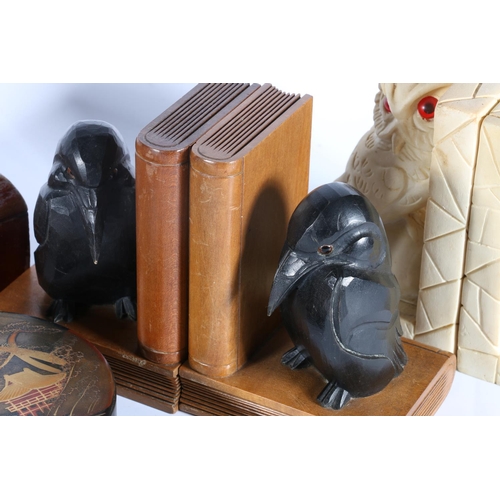 262 - Pair of YZ type bookends with bird surmounts, another pair of bookends with owls, a ship in a lightb... 