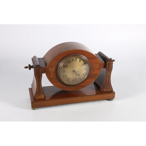 263 - Early 20th century mahogany and inlaid mantle clock, the dial with Arabic numerals, the works stampe... 