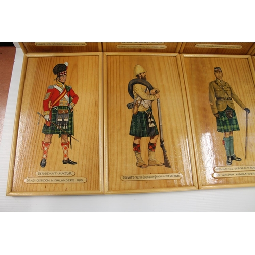 6 - Set of eight painted military costume paintings on wood board to include Gordon Highlanders and Lond... 