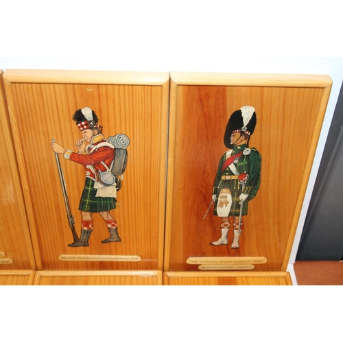 6 - Set of eight painted military costume paintings on wood board to include Gordon Highlanders and Lond... 