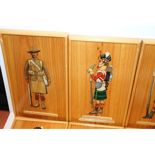 6 - Set of eight painted military costume paintings on wood board to include Gordon Highlanders and Lond... 