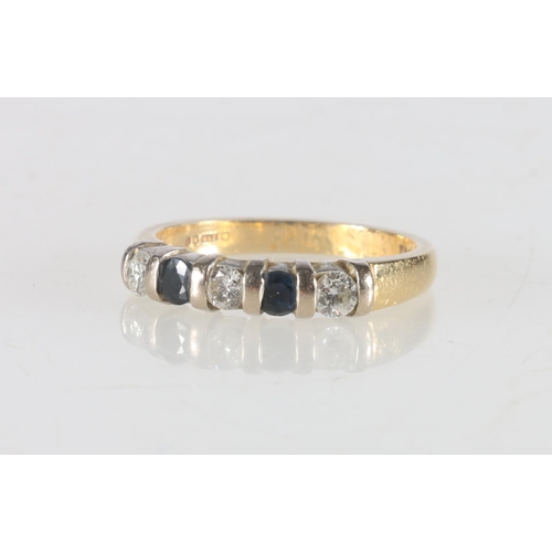 66 - 18ct gold diamond and sapphire set five stone ring, size M, 3.9g.