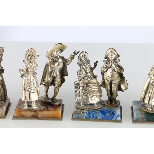 98 - Set of 800 grade silver Victorian and other figures including Town Crier and others on marble or har... 