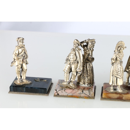 98 - Set of 800 grade silver Victorian and other figures including Town Crier and others on marble or har... 