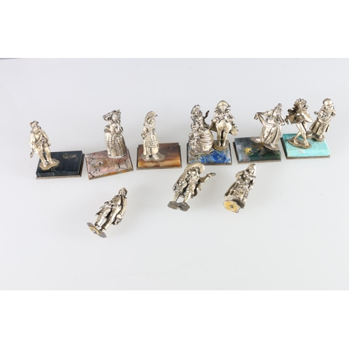 98 - Set of 800 grade silver Victorian and other figures including Town Crier and others on marble or har... 