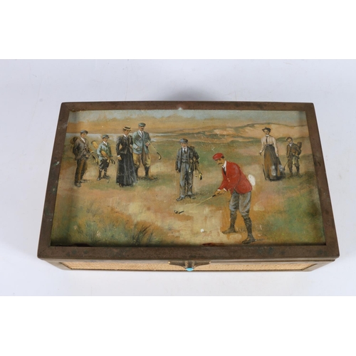 305 - 20th century box with painted golfing scene to the top after JAMES MICHAEL BROWN (1854 -1947), 23cm ... 