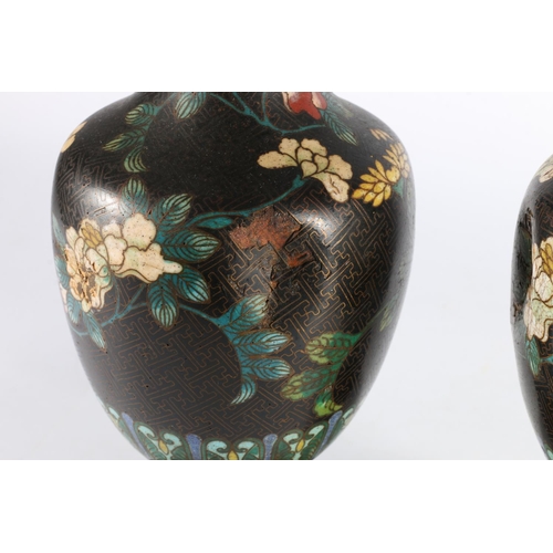 382 - Pair of Chinese cloisonné enamel vases raised on carved wood stands, 28cm tall. (2)