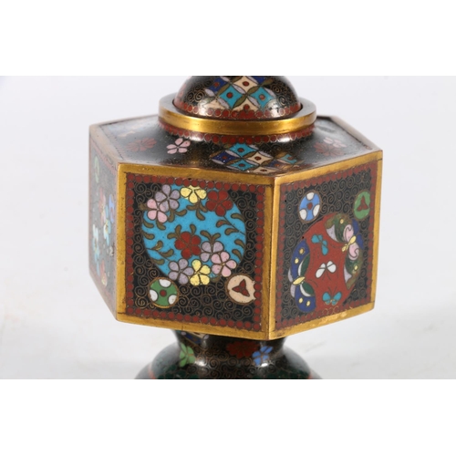 383 - Oriental cloisonné enamel hexagonal jar and cover, 10cm tall. 