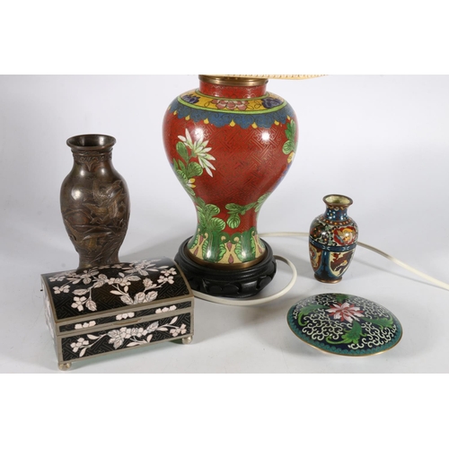 386 - Oriental cloisonné enamel dome topped casket, a powder jar and cover, a miniature baluster va... 