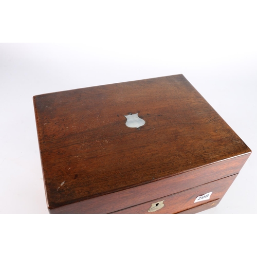 406 - 19th century mahogany toilet box, the interior fitted with white metal mounted toilet jars having li... 