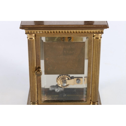 410 - Matthew Norman of London brass cased carriage clock, 14.5cm tall.