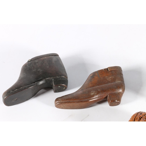 444 - Group of antique snuff boxes including two of horn, two carved treen examples in the form of boots, ... 