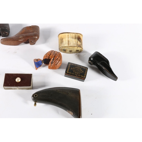 444 - Group of antique snuff boxes including two of horn, two carved treen examples in the form of boots, ... 