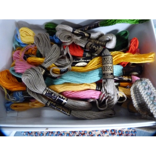 105 - Carton containing fabrics, embroidery threads, fabric throw, beaded cushion, linen etc.