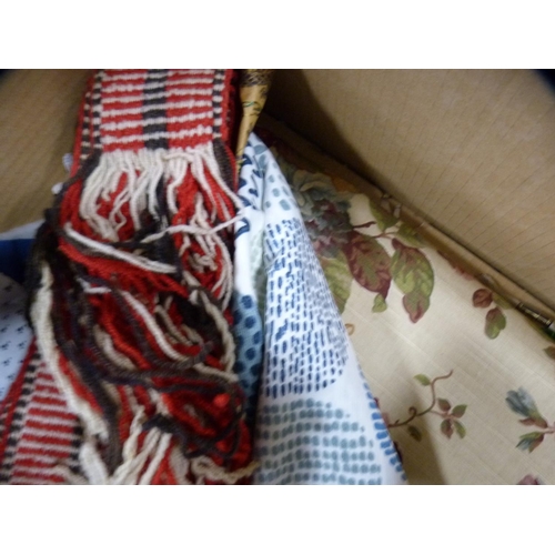 105 - Carton containing fabrics, embroidery threads, fabric throw, beaded cushion, linen etc.