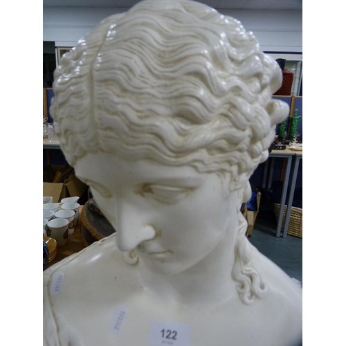 122 - Painted plaster bust of a classical female, on socle base.