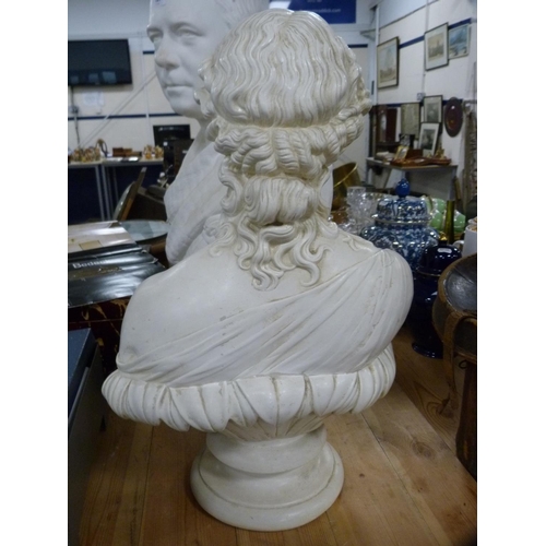 122 - Painted plaster bust of a classical female, on socle base.