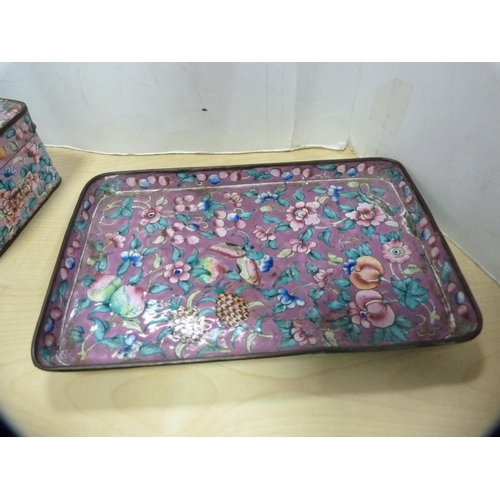 13 - Group of enamel ware to include a box with cover, rectangular dish and six pin dishes.  (8)