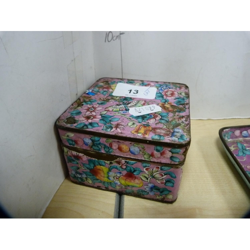 13 - Group of enamel ware to include a box with cover, rectangular dish and six pin dishes.  (8)