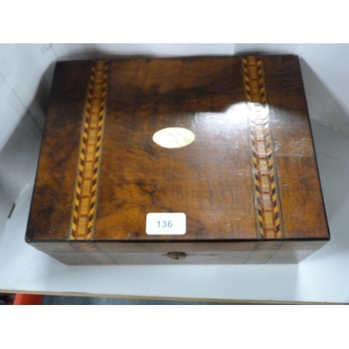 136 - Victorian walnut and marquetry lap desk with mother of pearl cartouche.