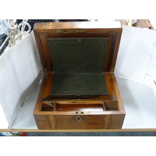 136 - Victorian walnut and marquetry lap desk with mother of pearl cartouche.