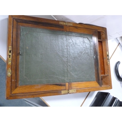 136 - Victorian walnut and marquetry lap desk with mother of pearl cartouche.