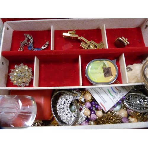 205 - Two boxes containing assorted costume jewellery to include necklaces, brooches, enamel wristwatch, k... 