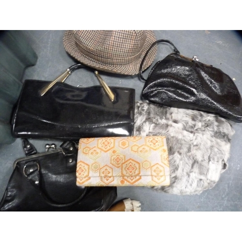 6 - Box containing hats, evening bags, scarves and other clothing.