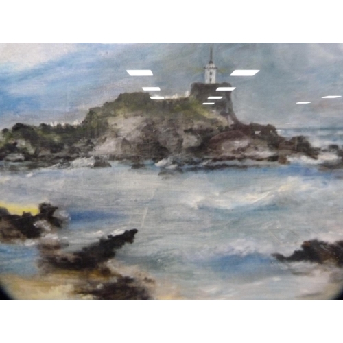 63 - H MacMillanCoastal scene with lighthouseOil.