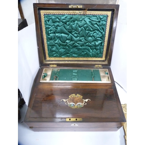 74 - Victorian walnut writing box decorated with mother of pearl and abalone shell, with fitted interior.