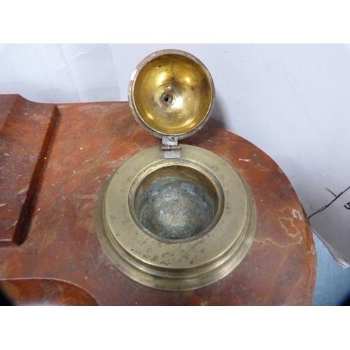 76 - Large mottled marble desk stand with integral brass inkwells, quill pen and female surmount.