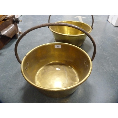 96 - Two brass jam pans with iron handles.