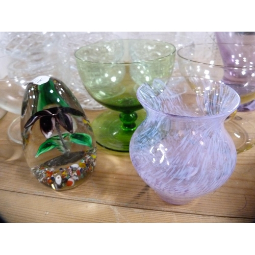 98 - Group of crystal and glass to include decanters and stoppers, grapefruit dishes, paperweight, colour... 