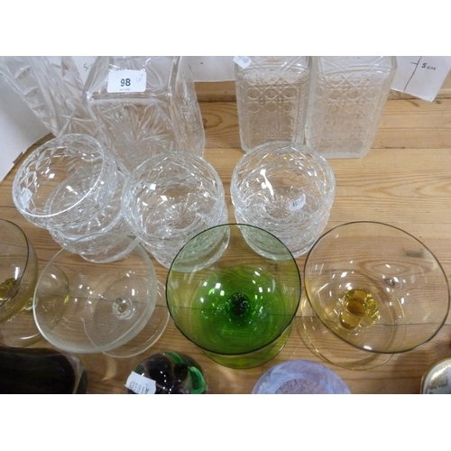 98 - Group of crystal and glass to include decanters and stoppers, grapefruit dishes, paperweight, colour... 