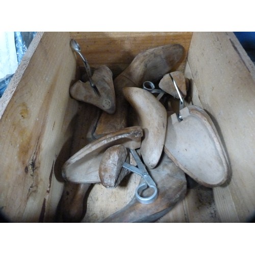 44 - Group of walking sticks to include a shooting stick and a Fonseca Port crate containing shoe trees.