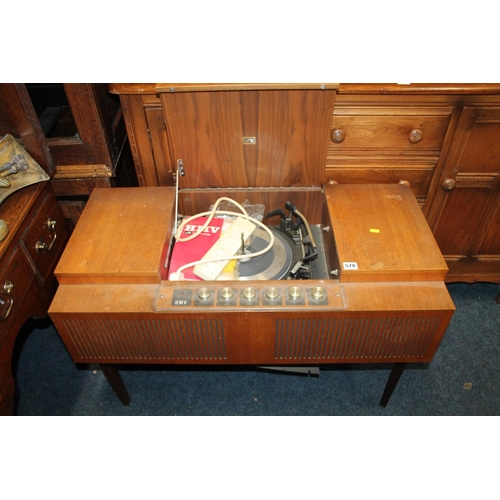 579 - Teak cased HMV radiogram, 92cm wide.