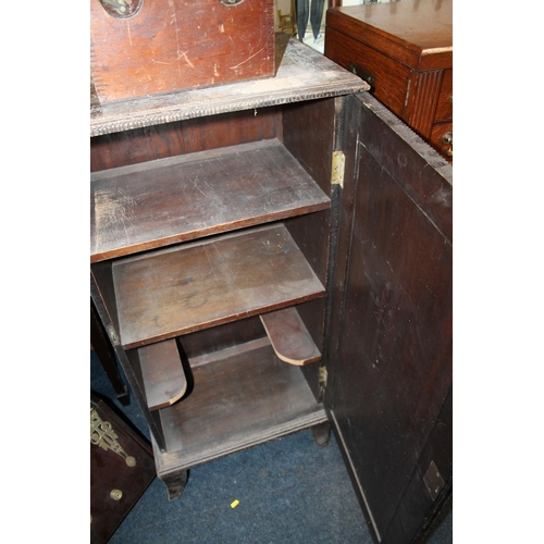 585 - Painted antique single door music cabinet decorated with Beethoven, Mozart, etc.