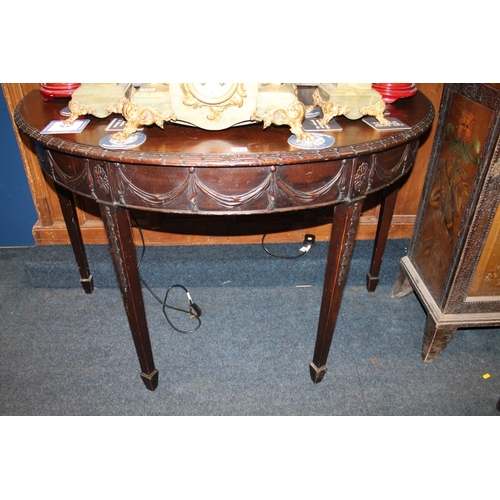 589 - Adams style mahogany demi-lune table, 79cm high.