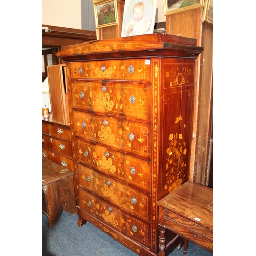 593 - Victorian mahogany and inlaid six drawer chest with bird and foliate decoration, 168 x 106 x 47cm.